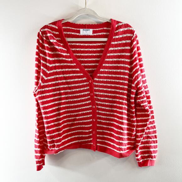 Old Navy So Soft Lite Striped V Neck Long Sleeve Cardigan Sweater Red White XXL - Picture 3 of 5